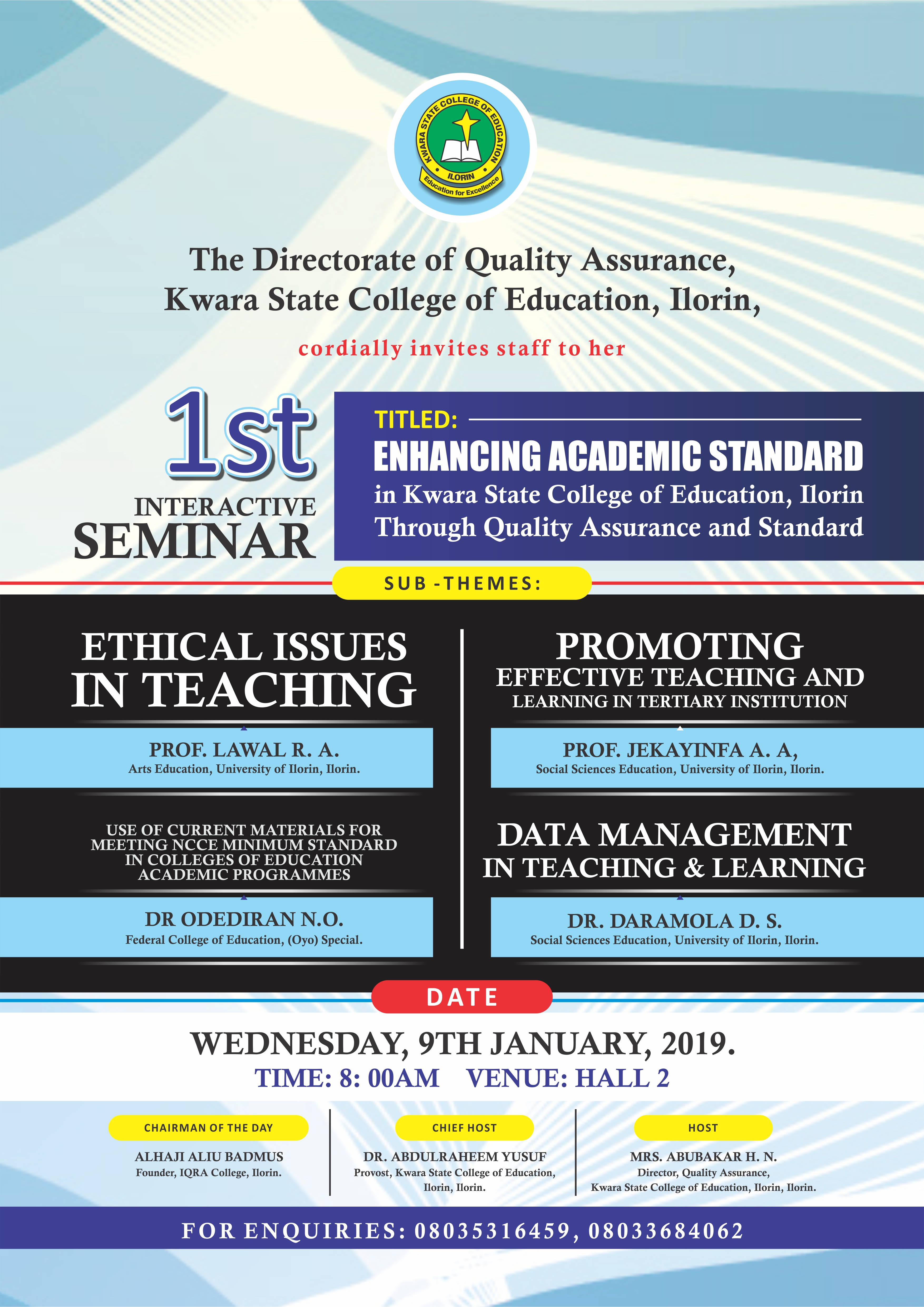 Seminar: Enhancing Academic Standard in Kwara State College of Education, Ilorin Through Quality Assurance and Standard